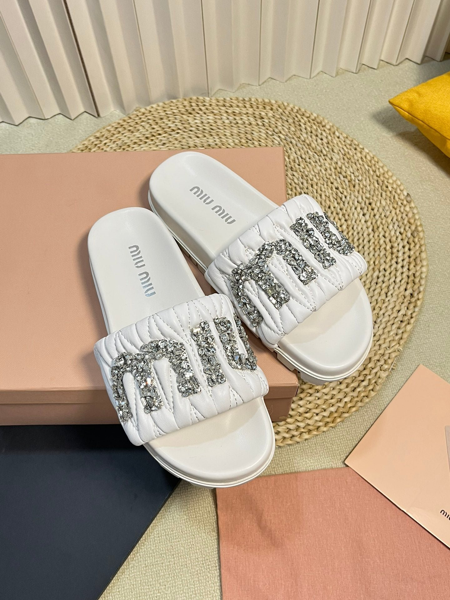 White Sheepskin Diamond Slippers - Image 10