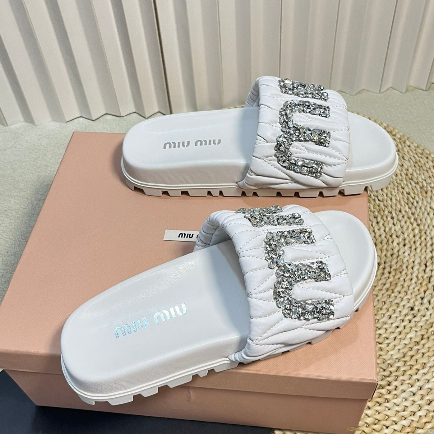 White Sheepskin Diamond Slippers - Image 4