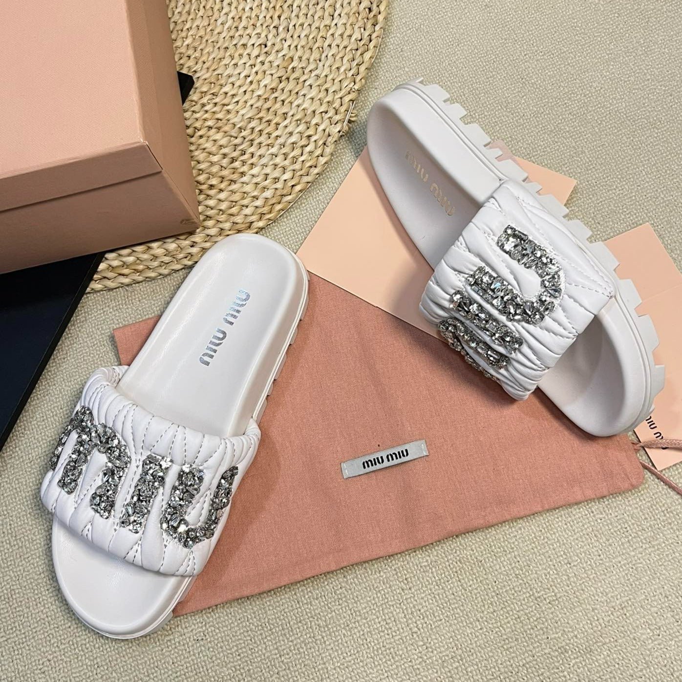 White Sheepskin Diamond Slippers - Image 6