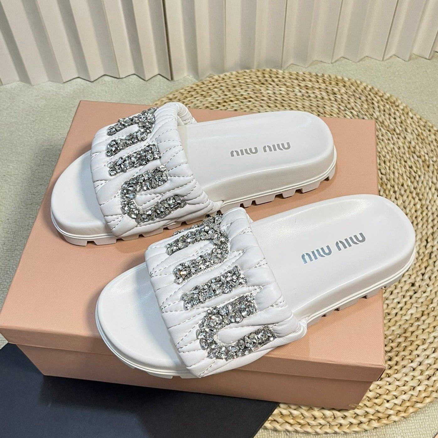 White Sheepskin Diamond Slippers - Image 2