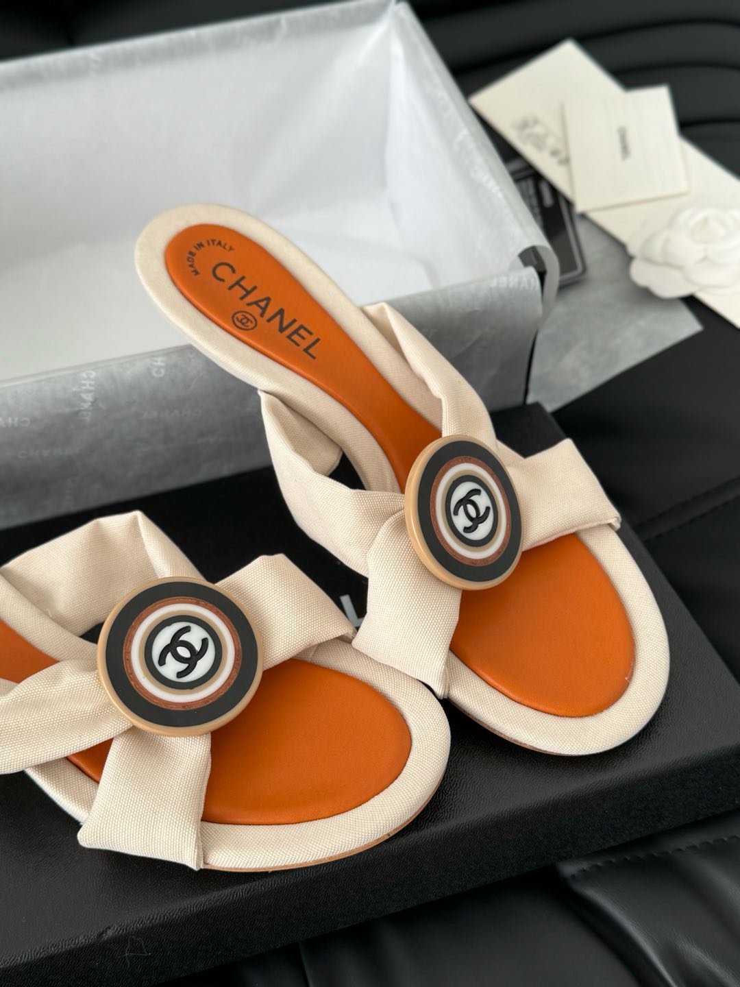 VIVID ORANGE FABRIC CC SLIDE SANDALS - Image 7