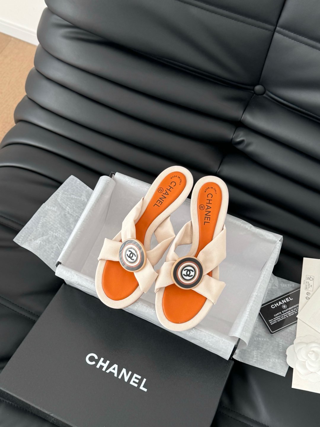 VIVID ORANGE FABRIC CC SLIDE SANDALS - Image 5