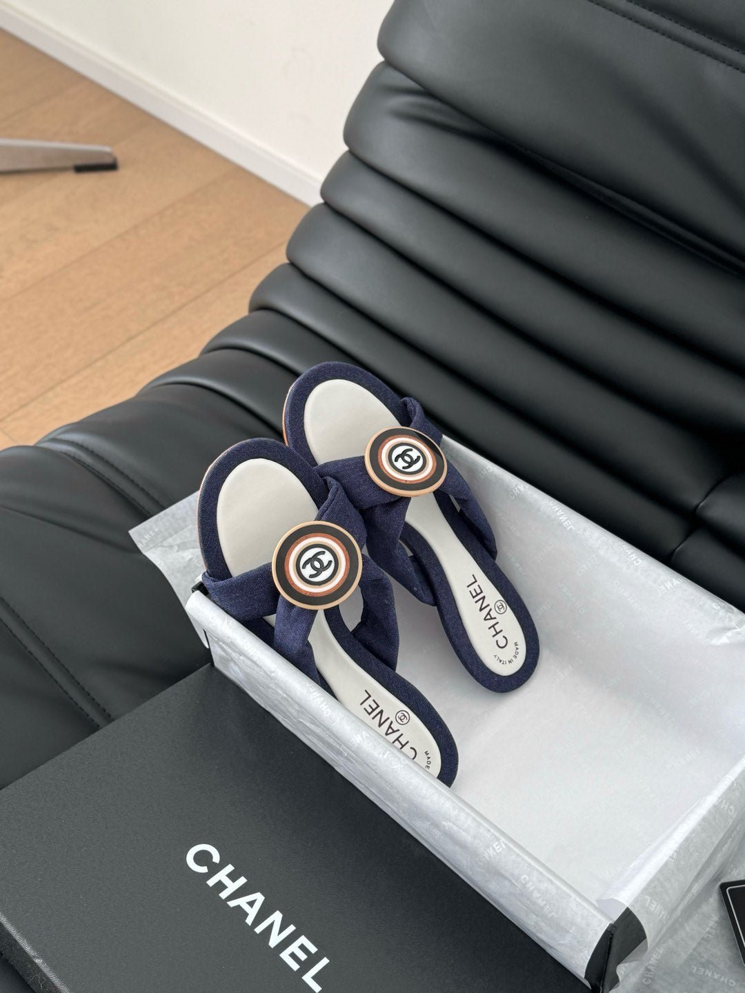 NAVY BLUE FABRIC CC SLIDE SANDALS - Image 4