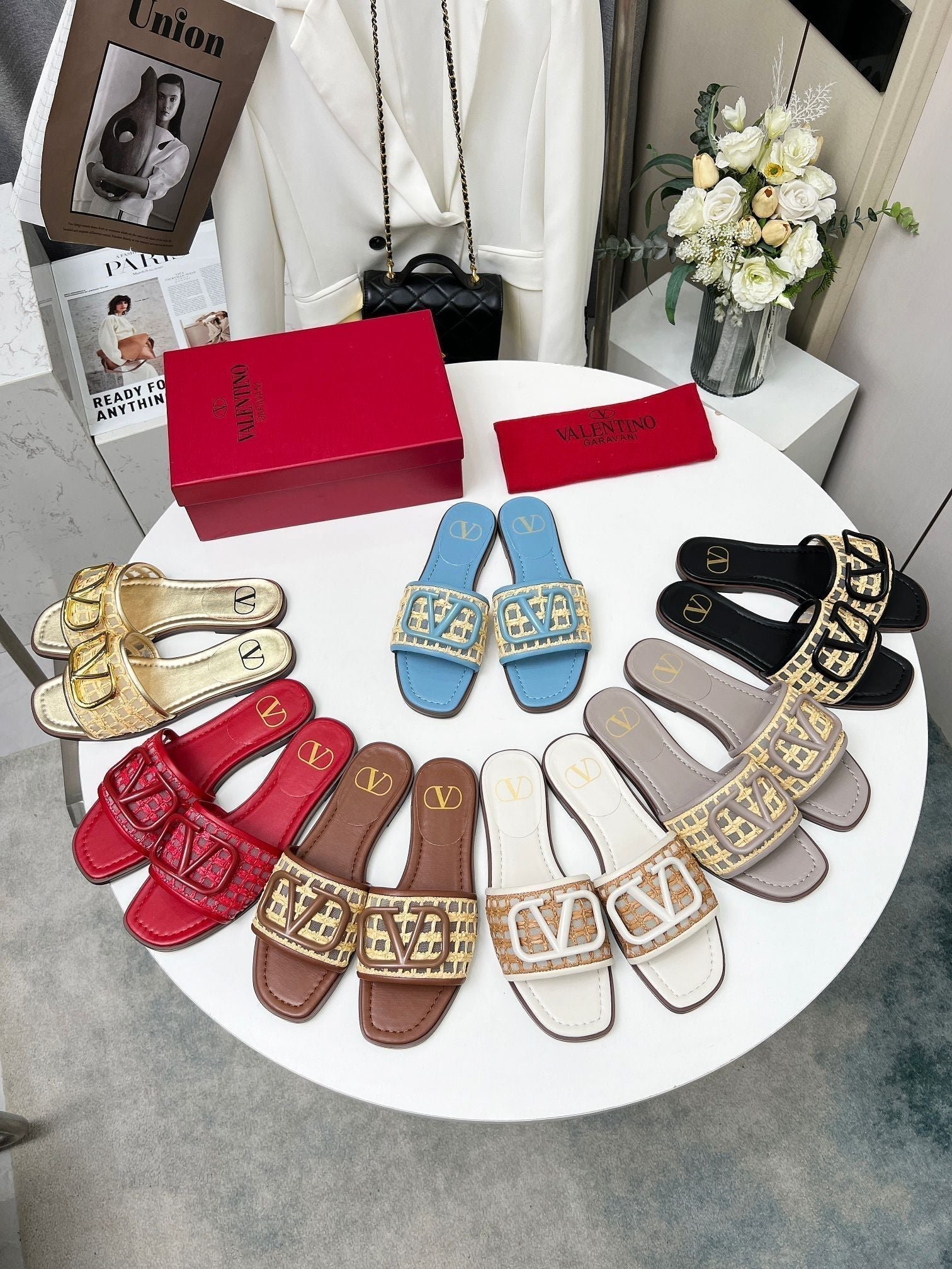 Vlogo embellished leather-trimmed raffia slides red - Image 2