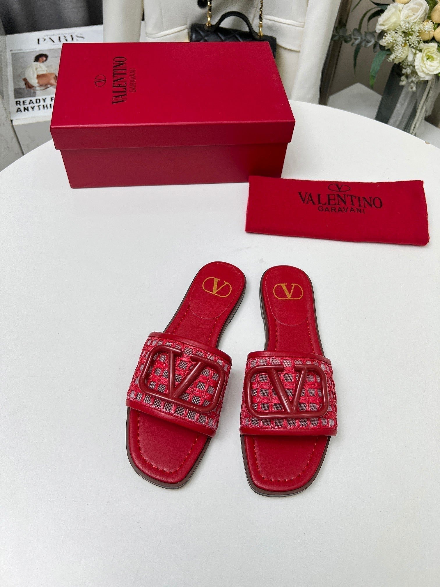 Vlogo embellished leather-trimmed raffia slides red - Image 6