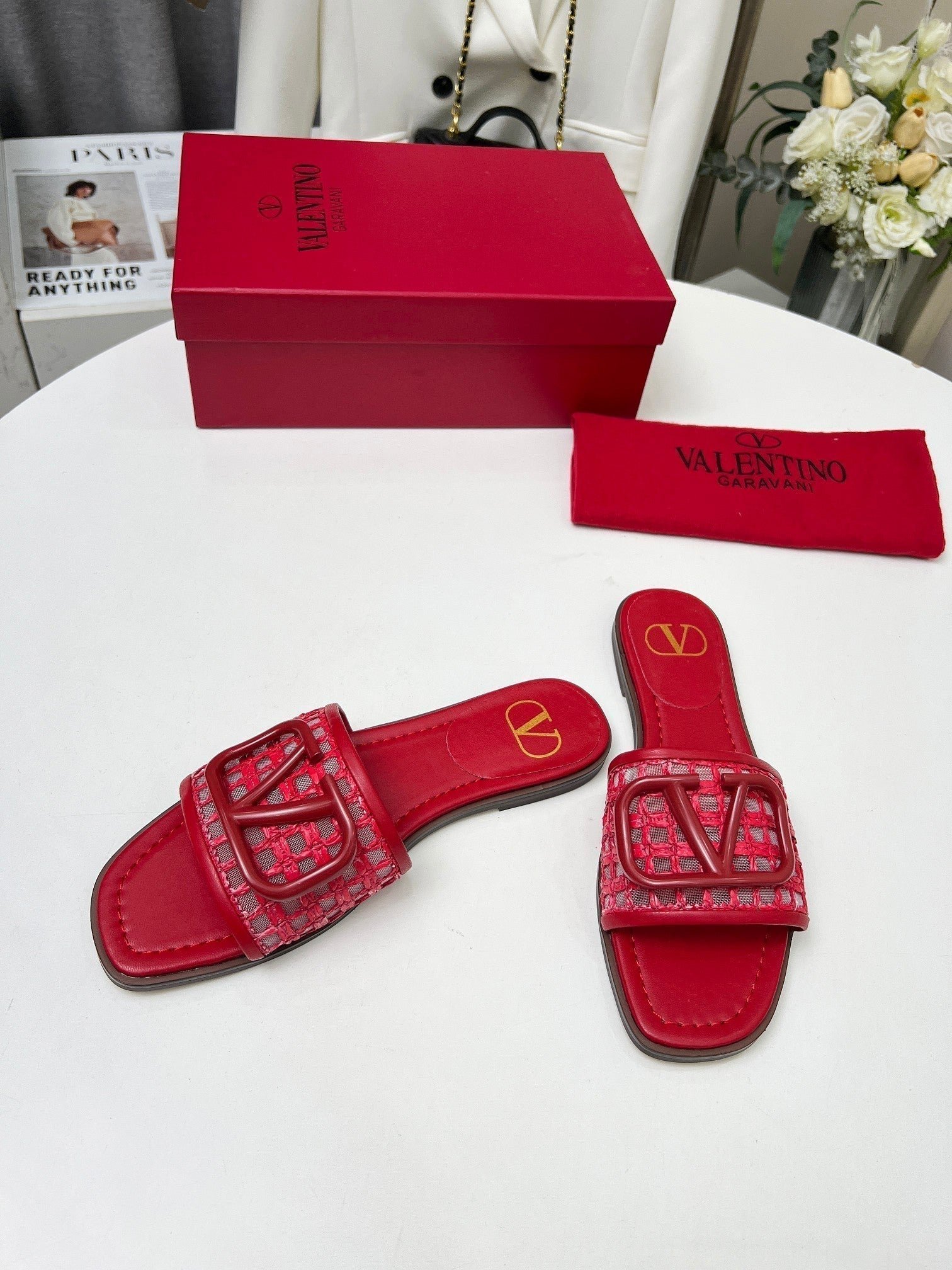 Vlogo embellished leather-trimmed raffia slides red - Image 8