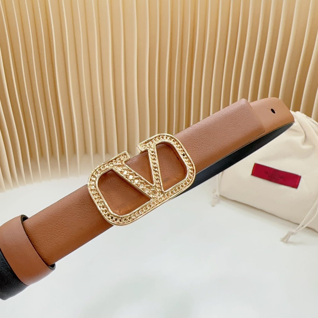 Vlogo Buckle Water Wave Gold Copper Glossy Brown Black Leather 20mm Belt - Image 6