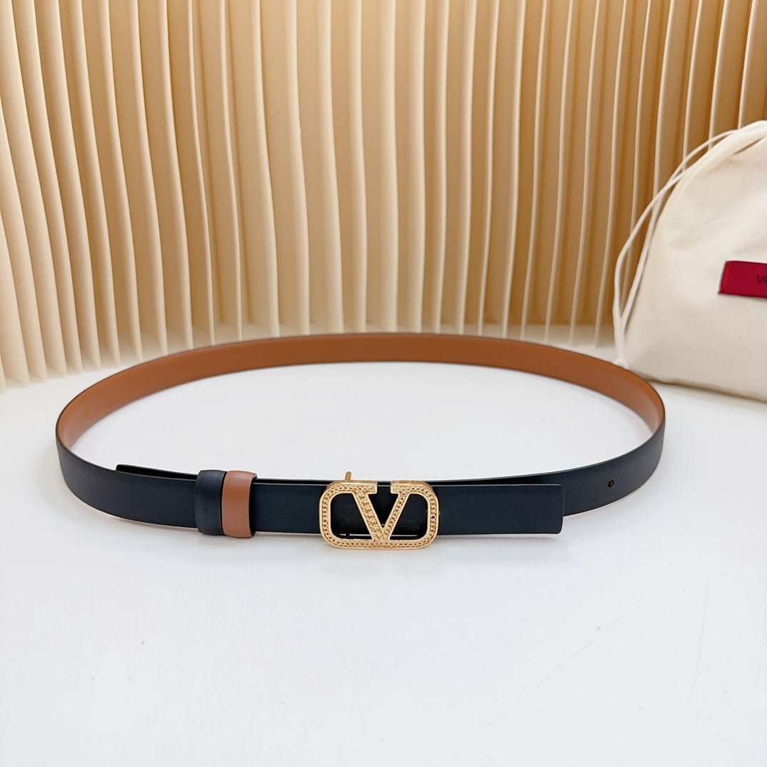 Vlogo Buckle Water Wave Gold Copper Glossy Brown Black Leather 20mm Belt - Image 5
