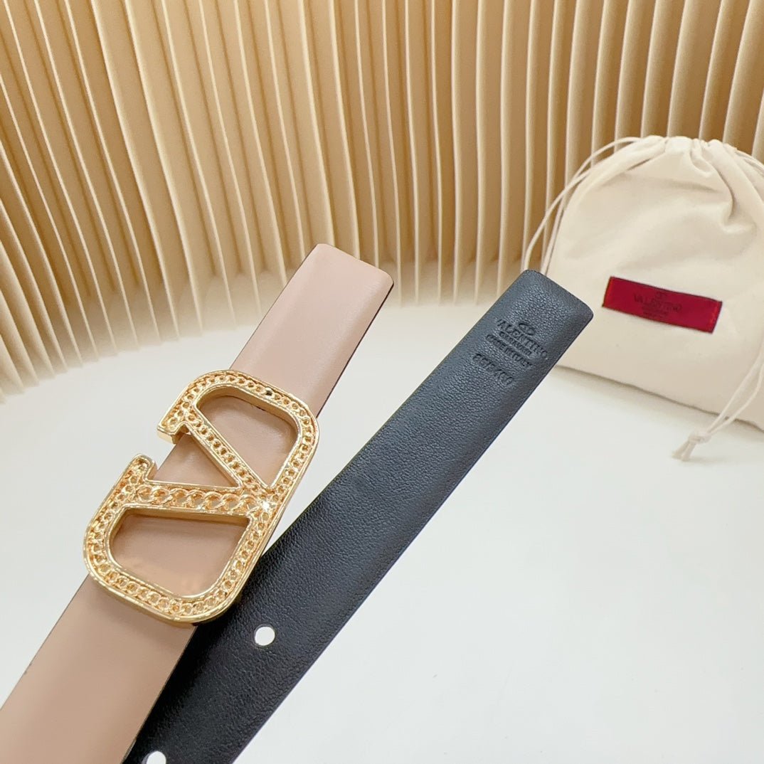 Vlogo Buckle Water Wave Gold Copper Glossy Beige Black Leather 20mm Belt - Image 8