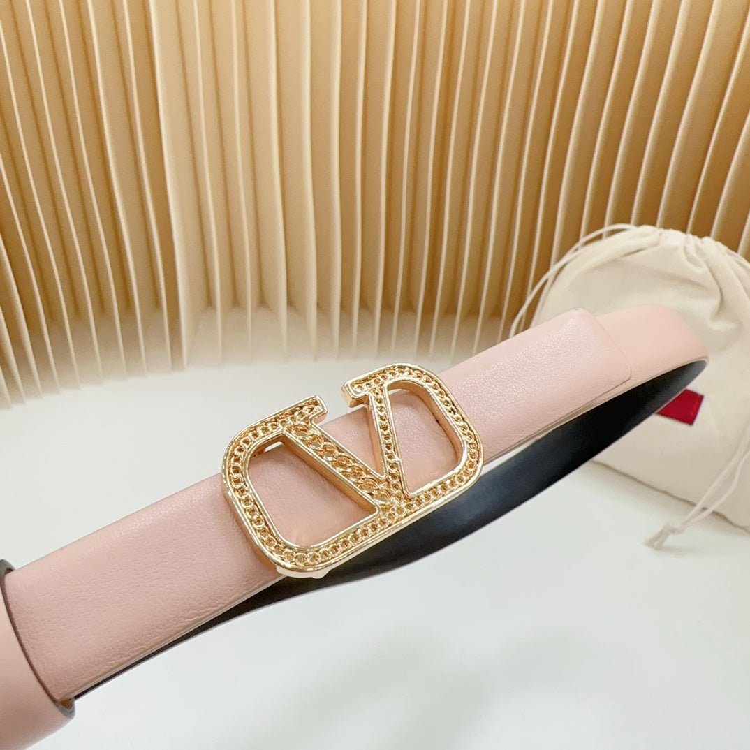 Vlogo Buckle Water Wave Gold Copper Glossy Light Pink Black Leather 20mm Belt - Image 6