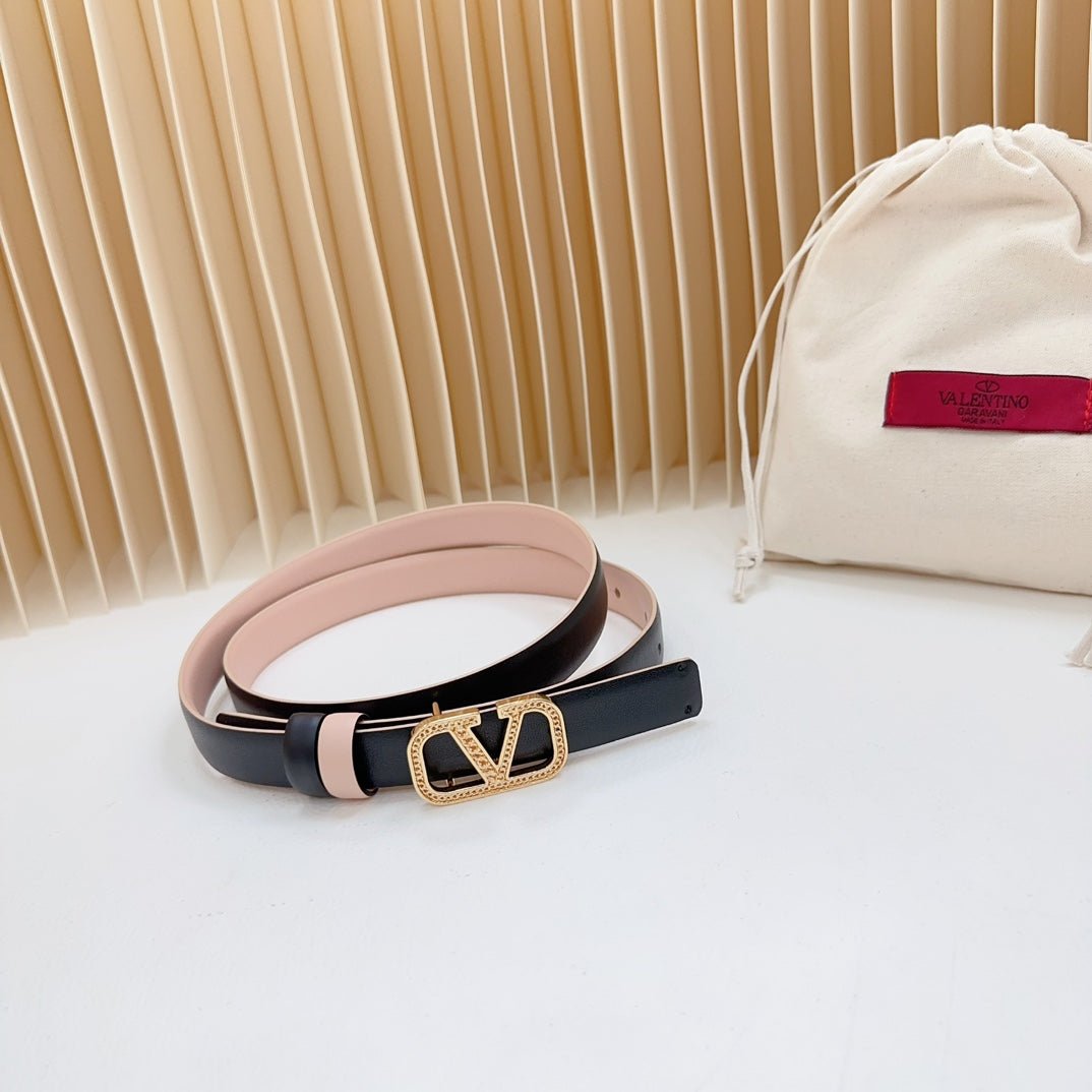 Vlogo Buckle Water Wave Gold Copper Glossy Light Pink Black Leather 20mm Belt - Image 2