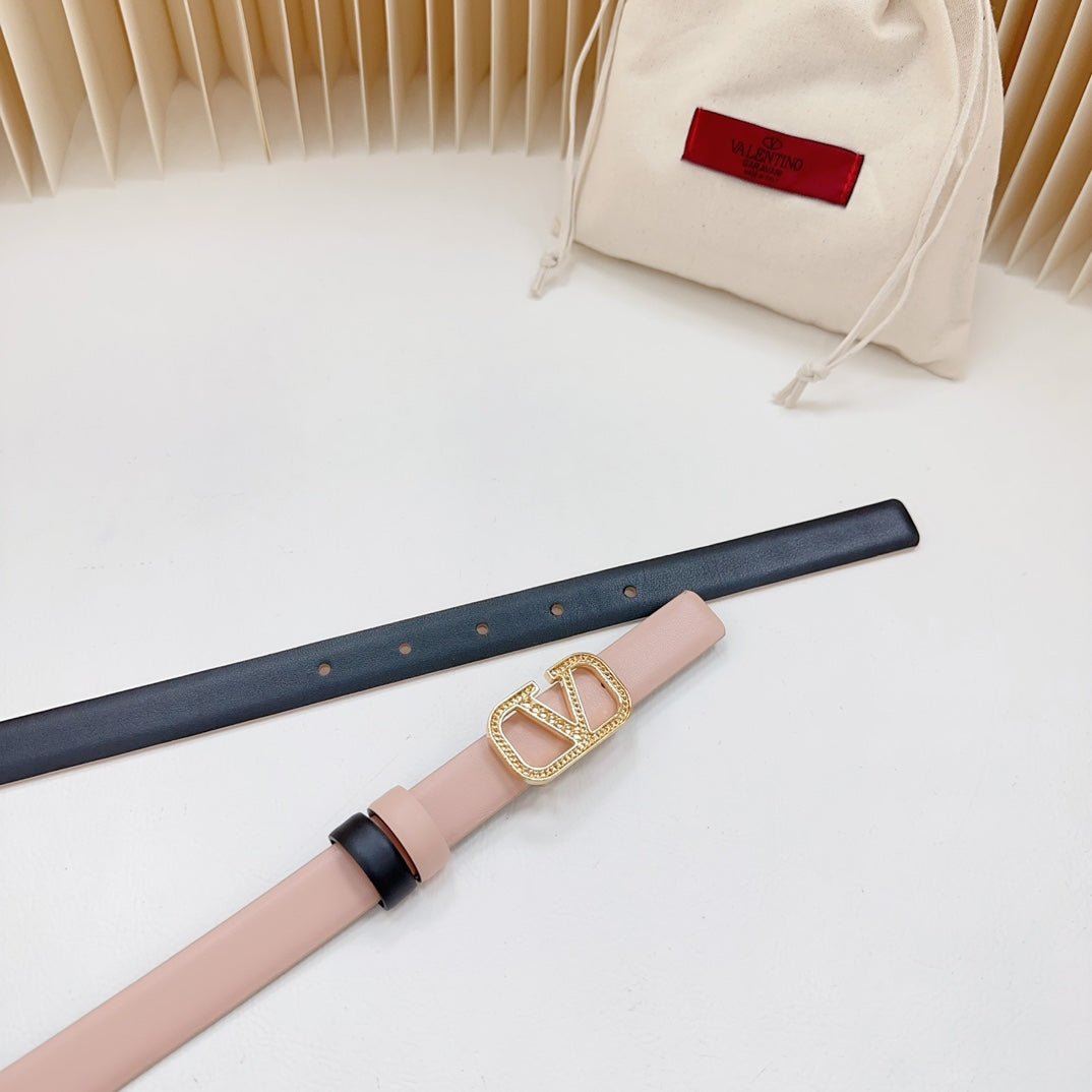 Vlogo Buckle Water Wave Gold Copper Glossy Light Pink Black Leather 20mm Belt - Image 7