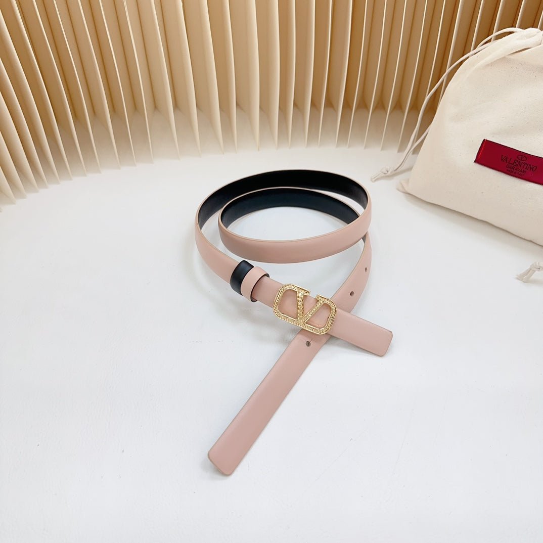Vlogo Buckle Water Wave Gold Copper Glossy Light Pink Black Leather 20mm Belt - Image 3