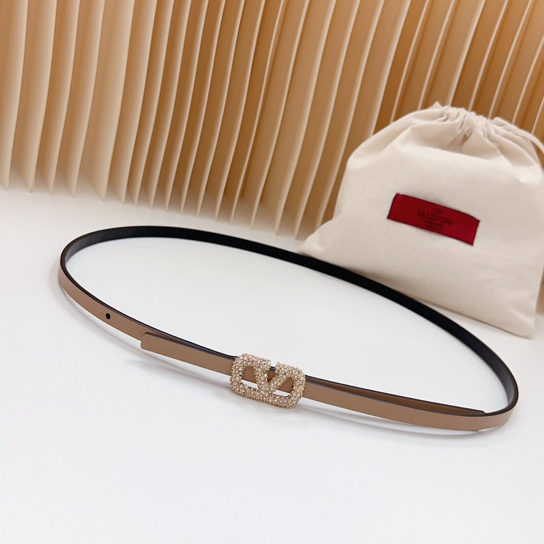 VL Belt 8mm Buckle Gold Diamond Leather Beige Black - Image 2
