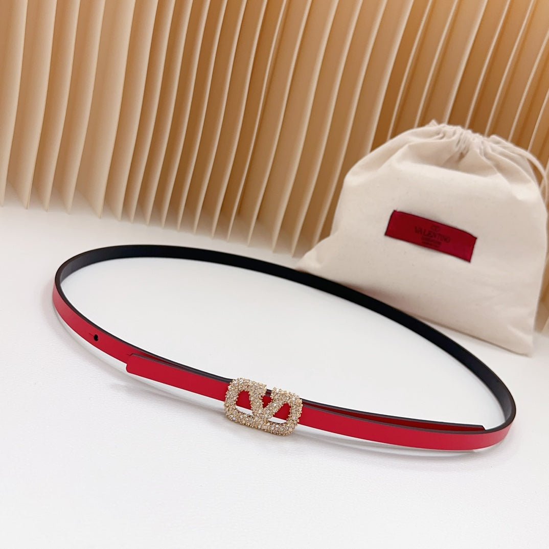 VL Belt 8mm Buckle Gold Diamond Leather Red Black - Image 3