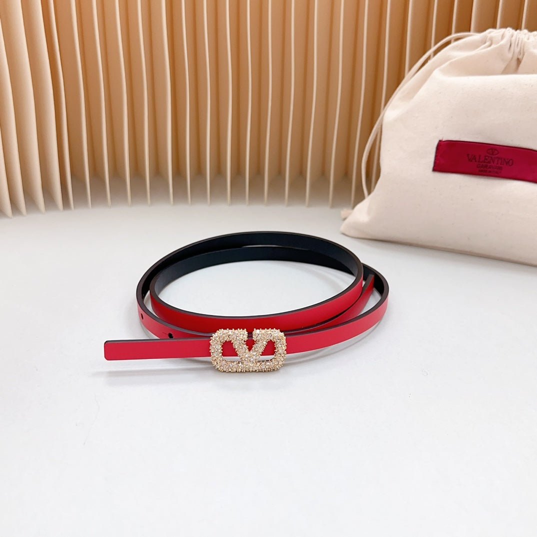 VL Belt 8mm Buckle Gold Diamond Leather Red Black - Image 2