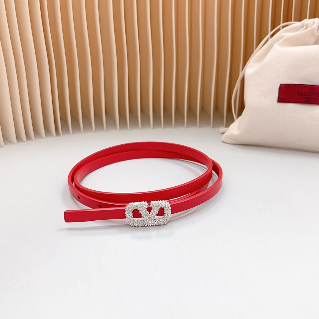 VL Belt 8mm Buckle Silver Diamond Leather Red - Image 3