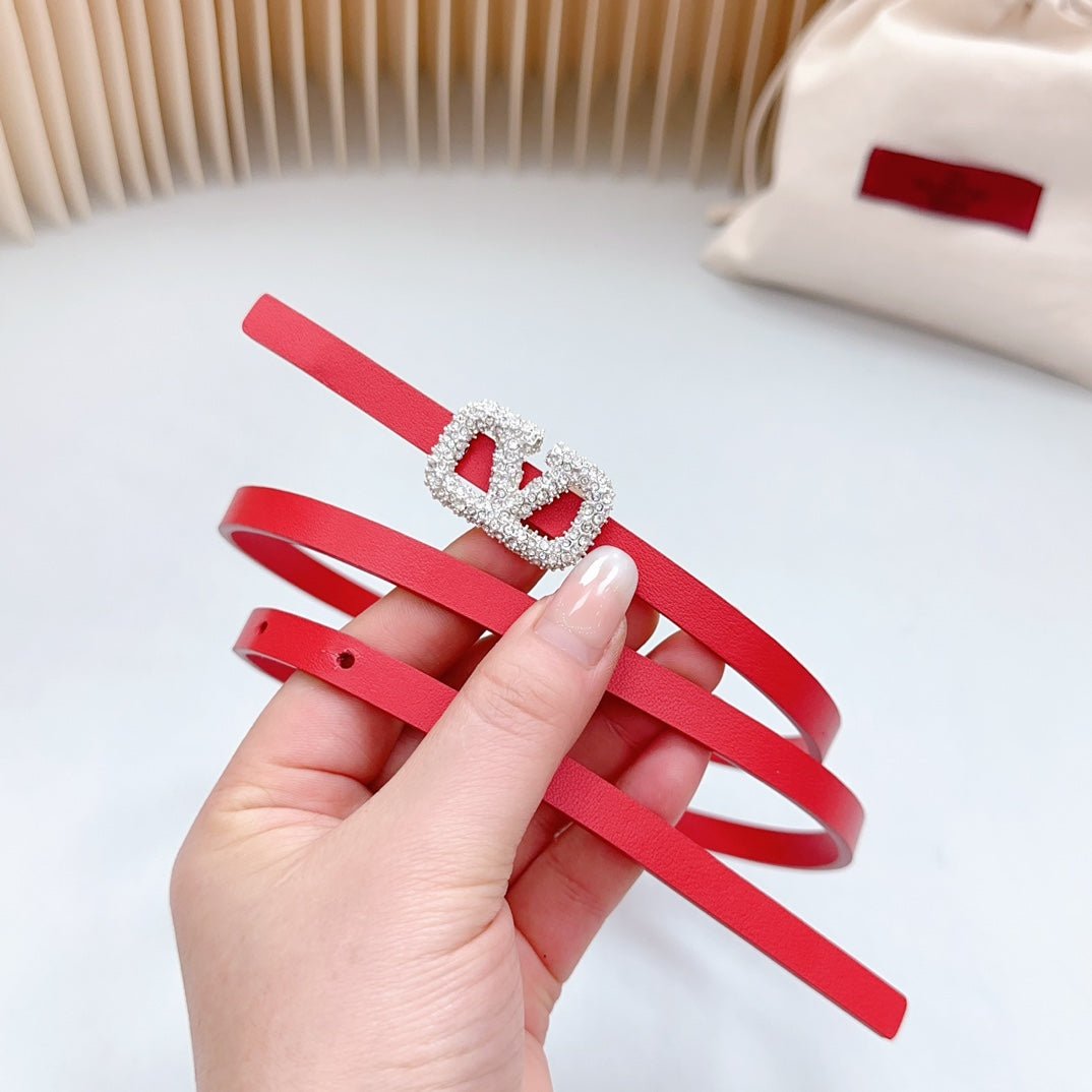 VL Belt 8mm Buckle Silver Diamond Leather Red - Image 2