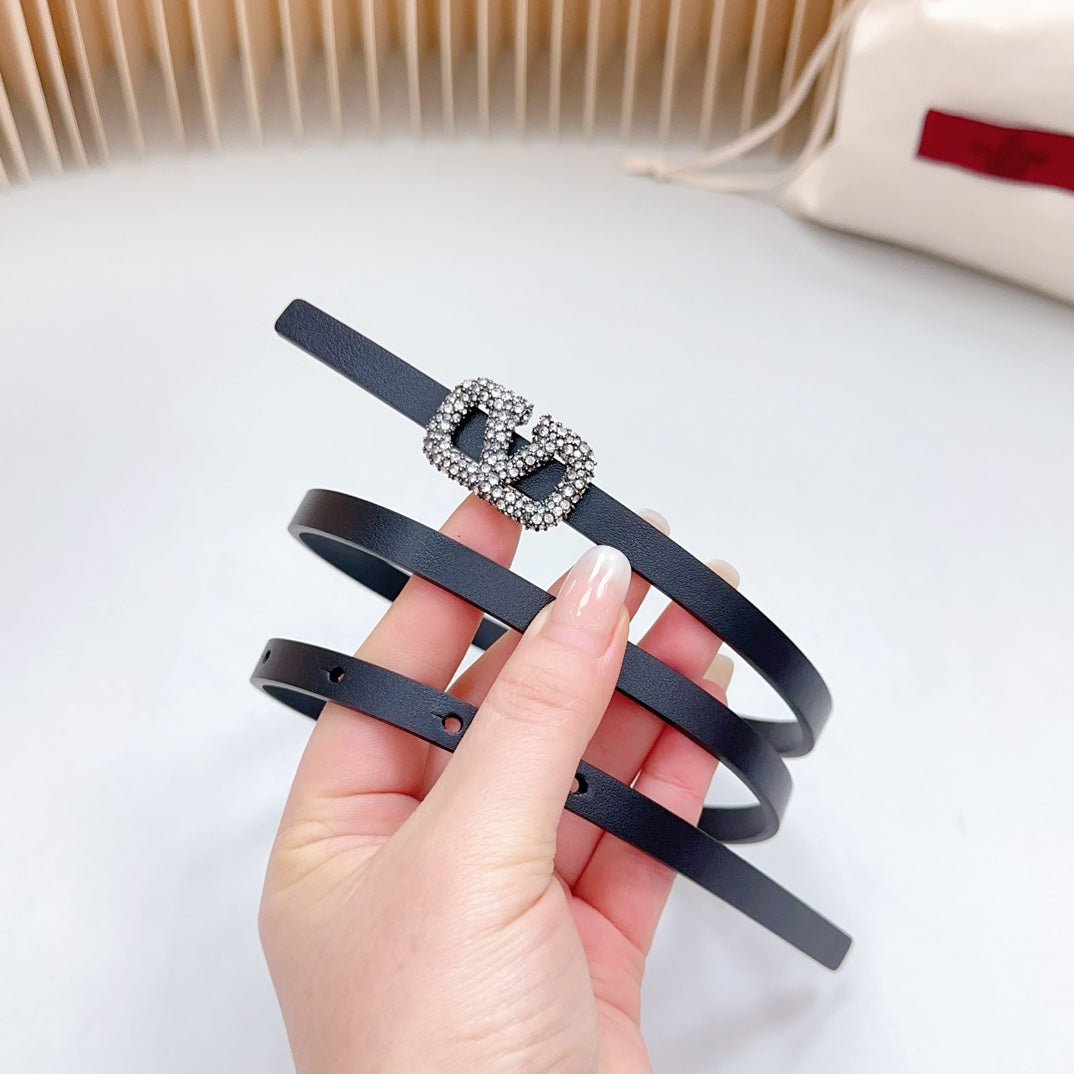VL Belt 8mm Buckle Silver Diamond Leather Black - Image 6