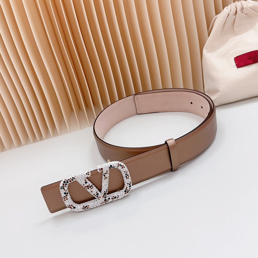 Vlogo Brown Black White Stone Silver Buckle Belt 40mm Brown Light Pink Leather - Image 8