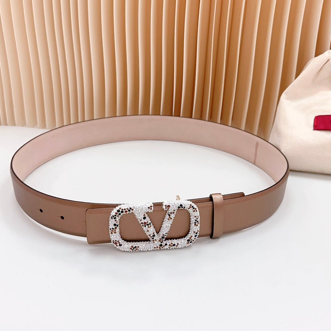 Vlogo Brown Black White Stone Silver Buckle Belt 40mm Brown Light Pink Leather - Image 2