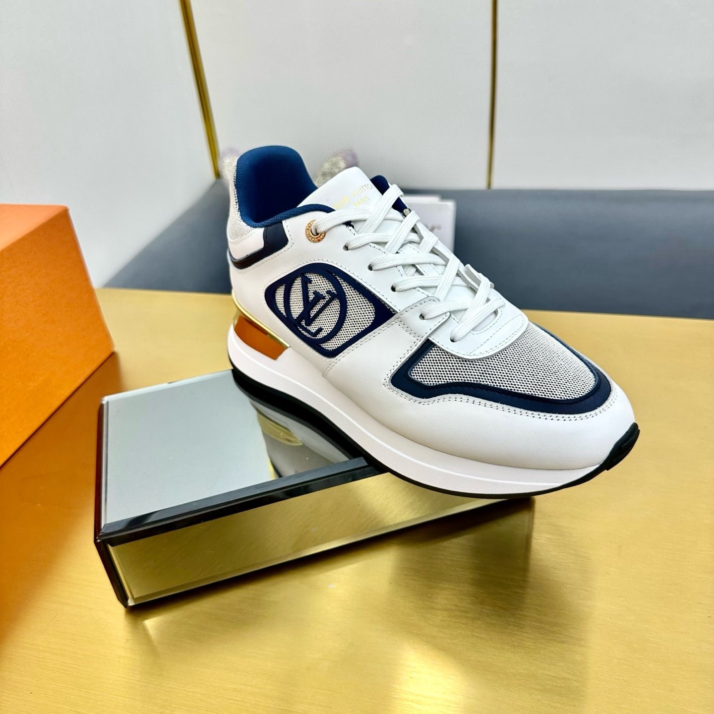 NEO RUN AWAY SNEAKER IN WHITE MIX NAVY BLUE CALFSKIN - Image 6