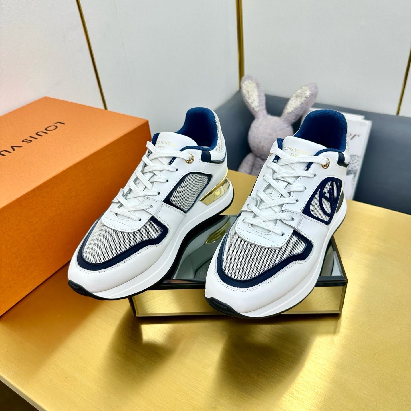 NEO RUN AWAY SNEAKER IN WHITE MIX NAVY BLUE CALFSKIN - Image 3