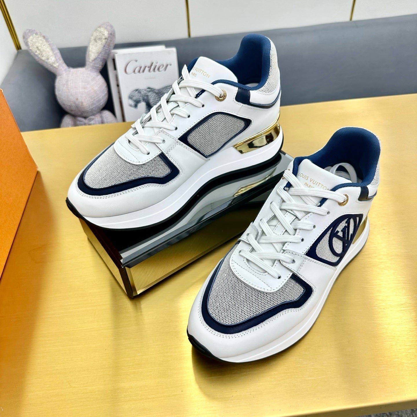 NEO RUN AWAY SNEAKER IN WHITE MIX NAVY BLUE CALFSKIN - Image 2