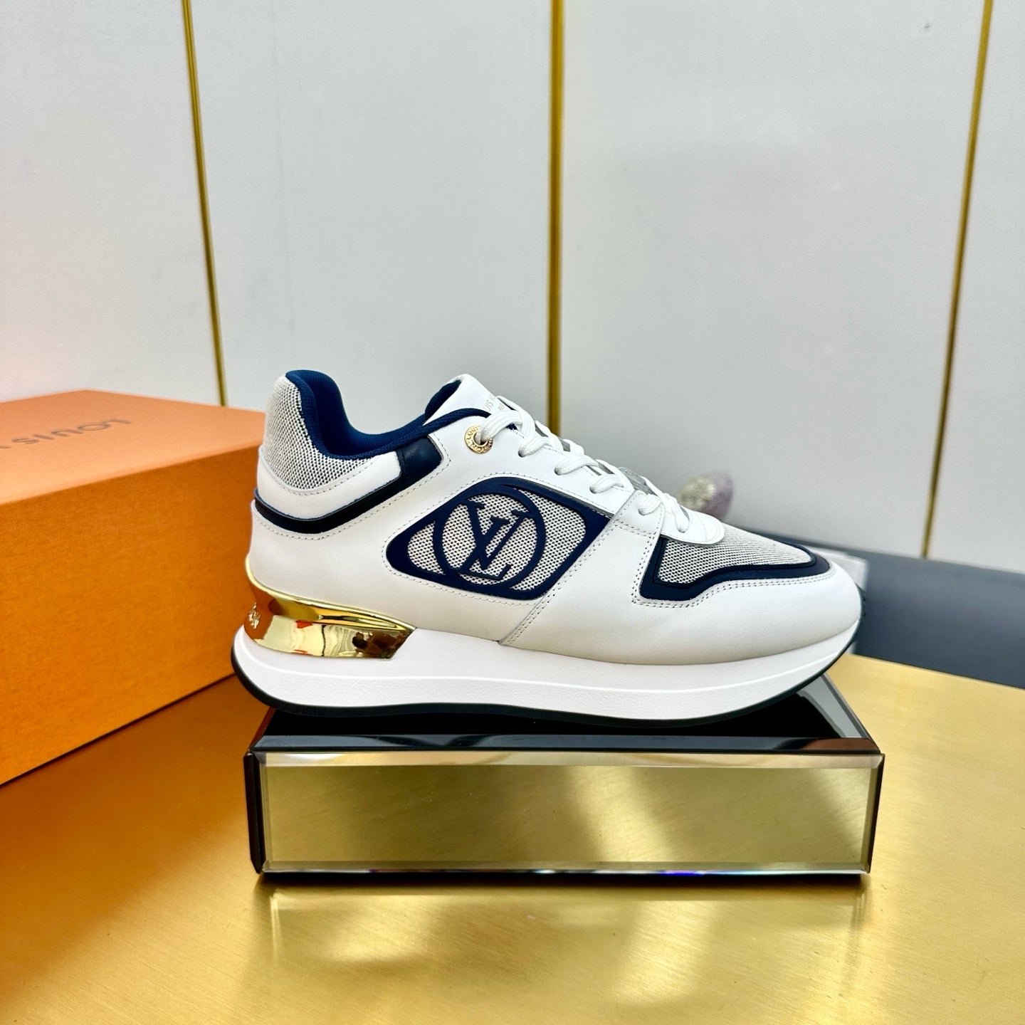 NEO RUN AWAY SNEAKER IN WHITE MIX NAVY BLUE CALFSKIN - Image 4