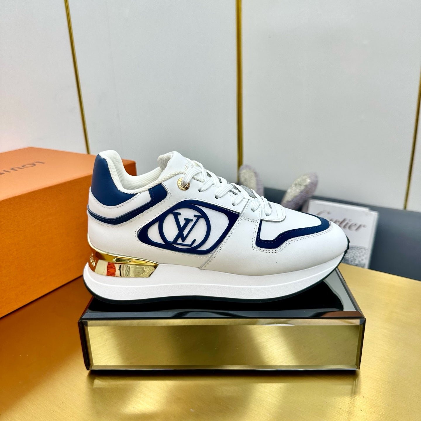 NEO RUN AWAY SNEAKER IN WHITE MIX COBALT BLUE CALFSKIN - Image 5