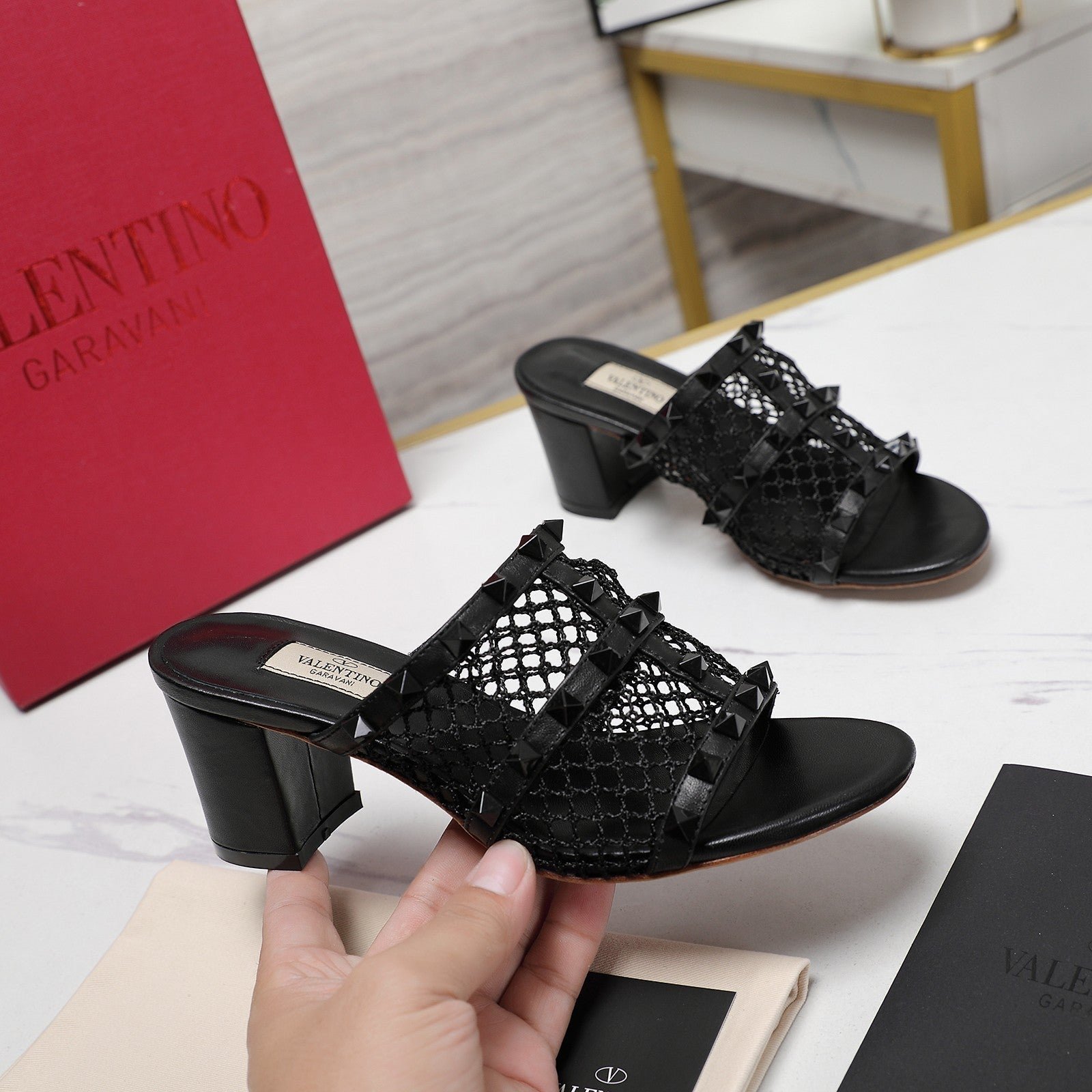 WOMEN'S BLACK ROCKSTUD BLACK MESH SLIDER SANDAL WITH MATCHING STUDS 65 MM - Image 4
