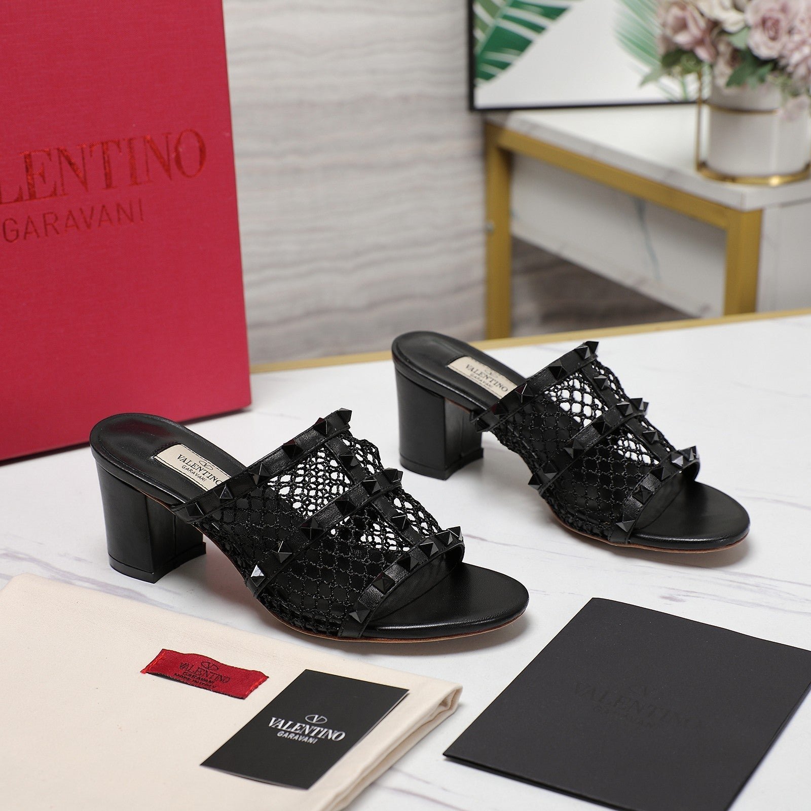 WOMEN'S BLACK ROCKSTUD BLACK MESH SLIDER SANDAL WITH MATCHING STUDS 65 MM - Image 2
