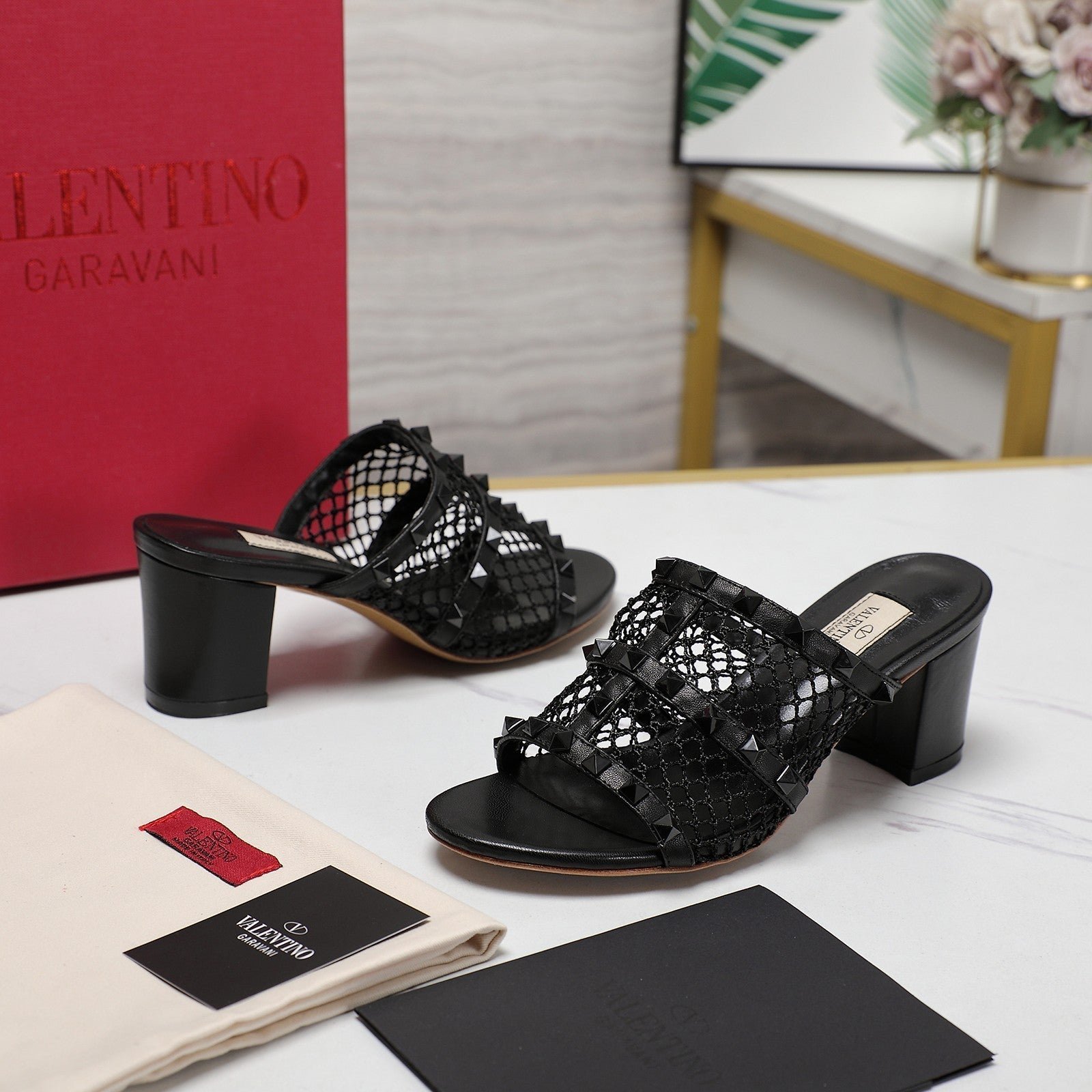 WOMEN'S BLACK ROCKSTUD BLACK MESH SLIDER SANDAL WITH MATCHING STUDS 65 MM - Image 3