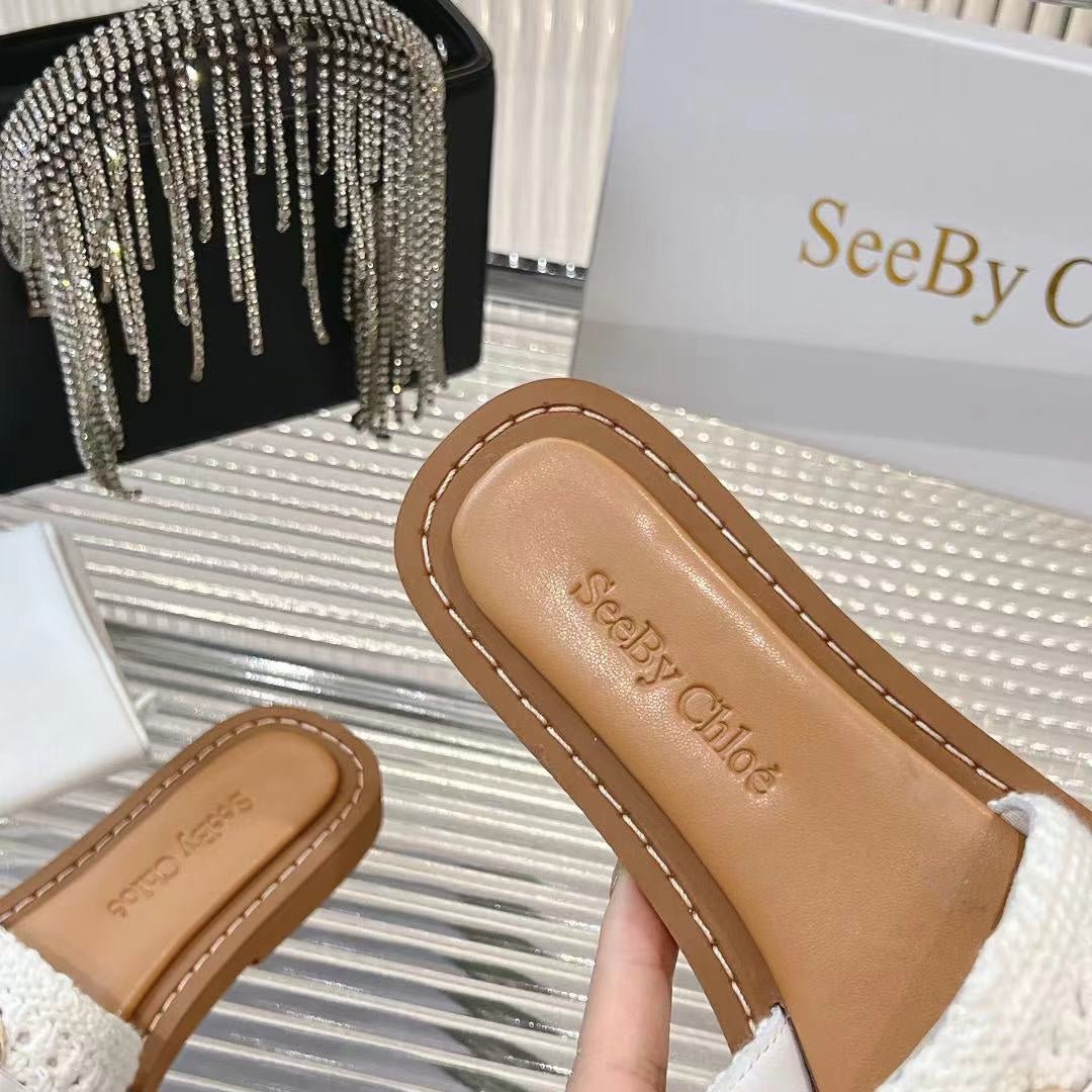 WOVEN SLIDE MULE IN WHITE WOOL AND BROWN LAMBSKIN GOLD HARDWARE - Image 8