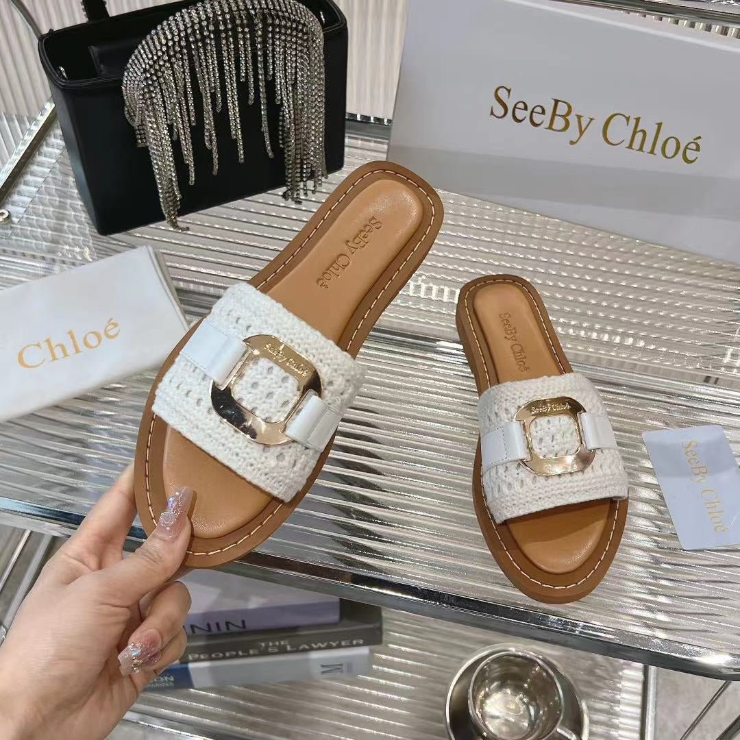 WOVEN SLIDE MULE IN WHITE WOOL AND BROWN LAMBSKIN GOLD HARDWARE - Image 4