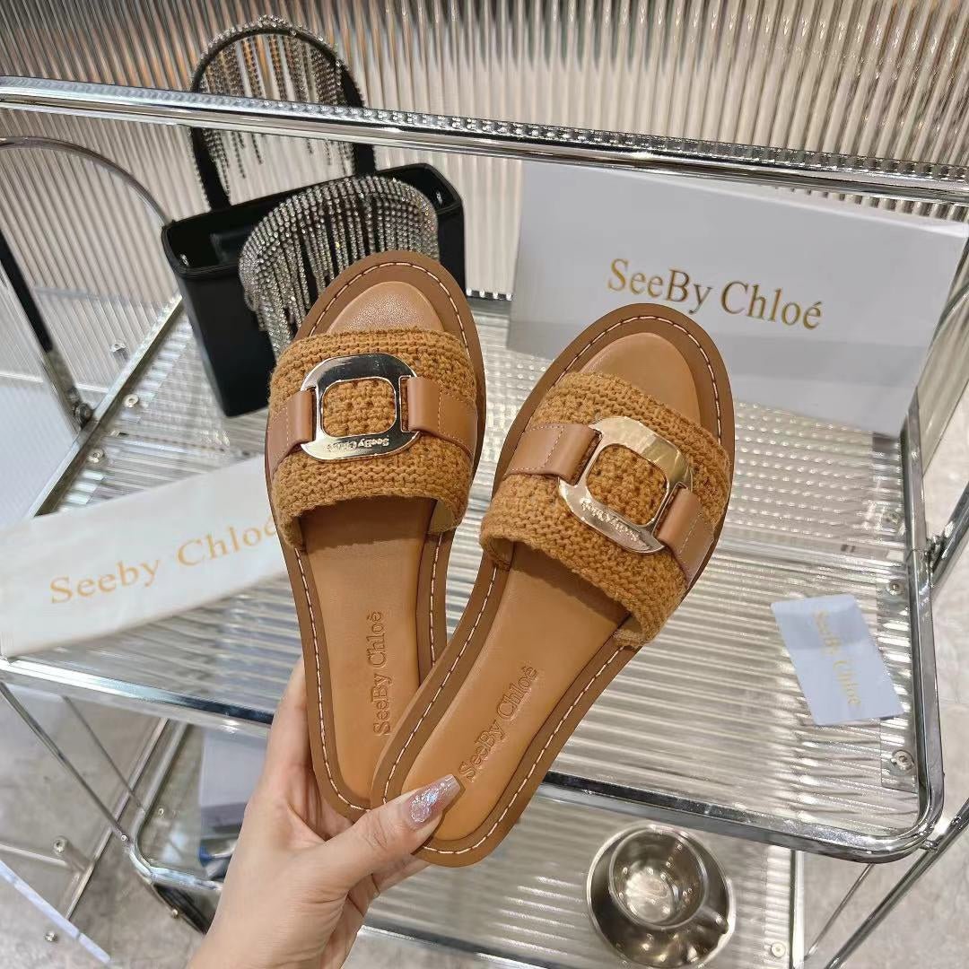 WOVEN SLIDE MULE IN RUSSET BROWN WOOL AND LAMBSKIN GOLD HARDWARE - Image 4