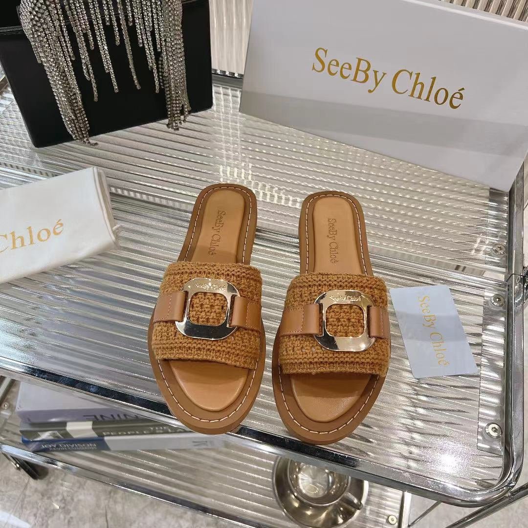 WOVEN SLIDE MULE IN RUSSET BROWN WOOL AND LAMBSKIN GOLD HARDWARE - Image 2