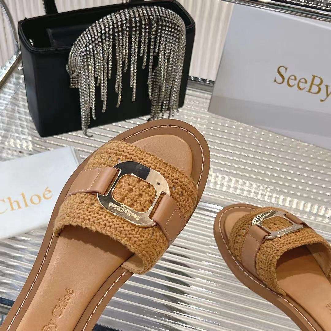 WOVEN SLIDE MULE IN RUSSET BROWN WOOL AND LAMBSKIN GOLD HARDWARE - Image 7