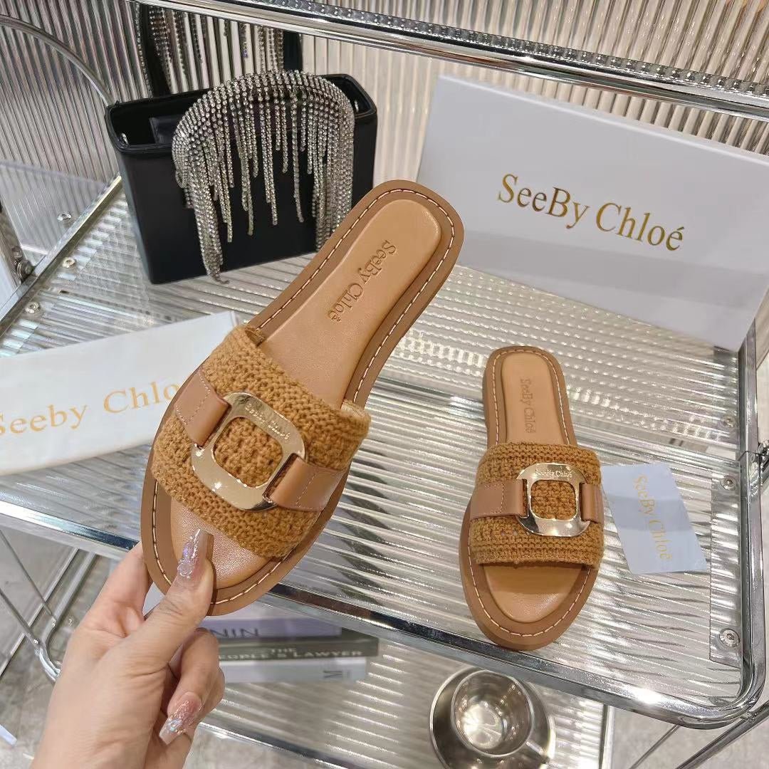 WOVEN SLIDE MULE IN RUSSET BROWN WOOL AND LAMBSKIN GOLD HARDWARE - Image 3