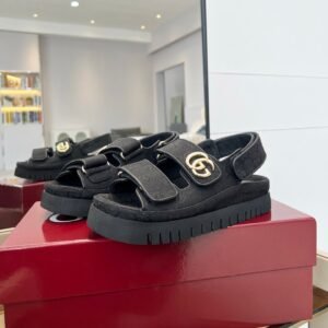 VELCRO STRAP SANDALS IN BLACK MONOGRAM CANVAS GOLD HARDWARE