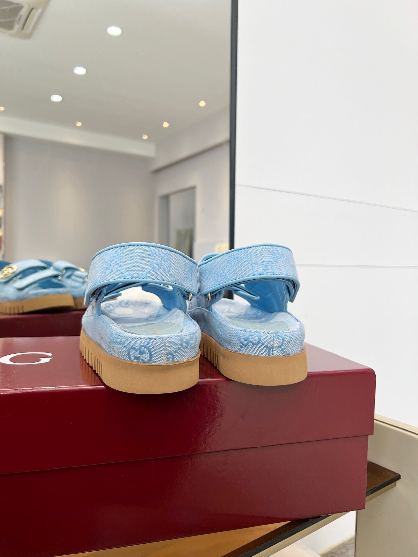 VELCRO STRAP SANDALS IN SKY BLUE MONOGRAM CANVAS GOLD HARDWARE - Image 2