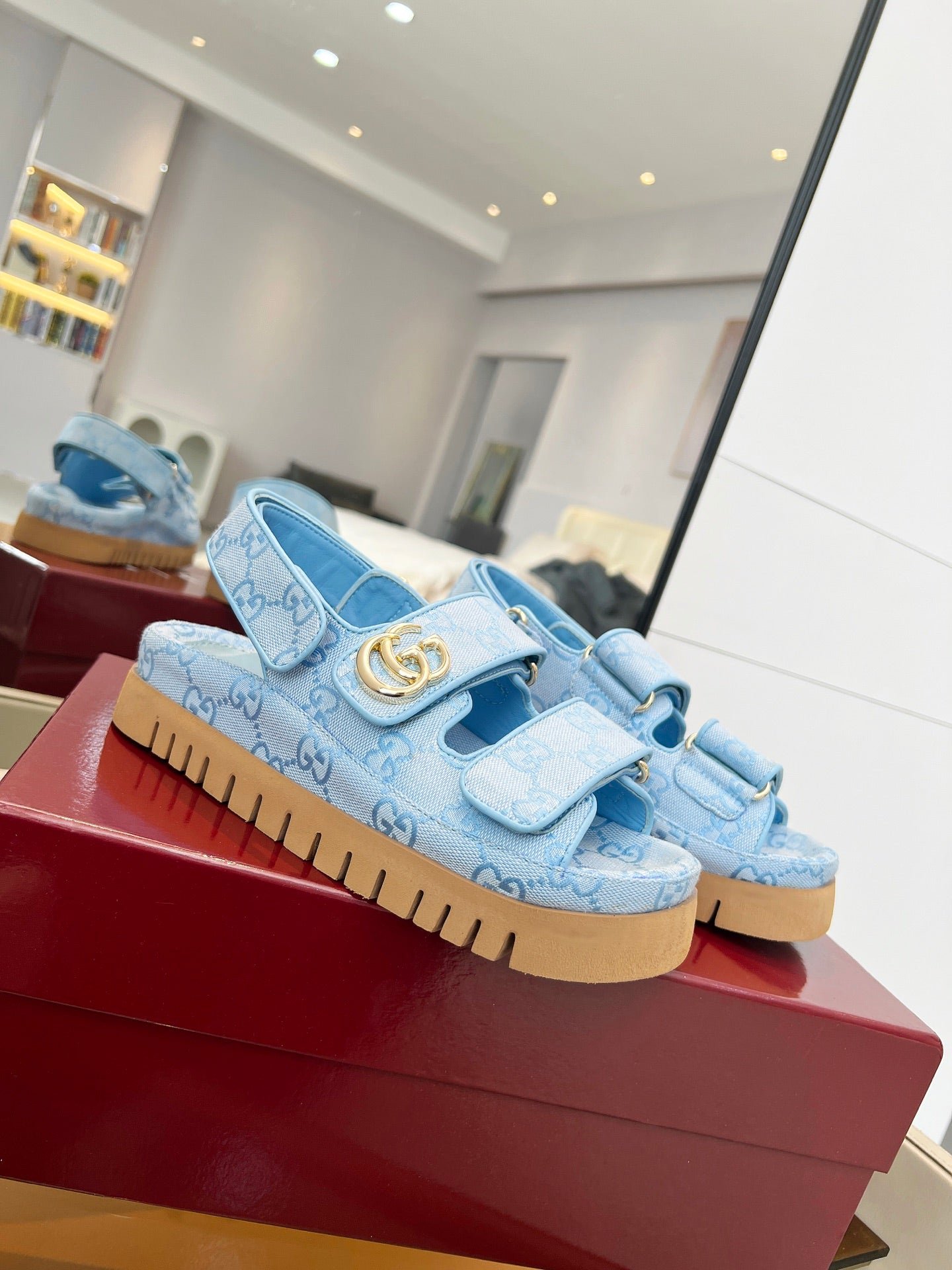 VELCRO STRAP SANDALS IN SKY BLUE MONOGRAM CANVAS GOLD HARDWARE - Image 4
