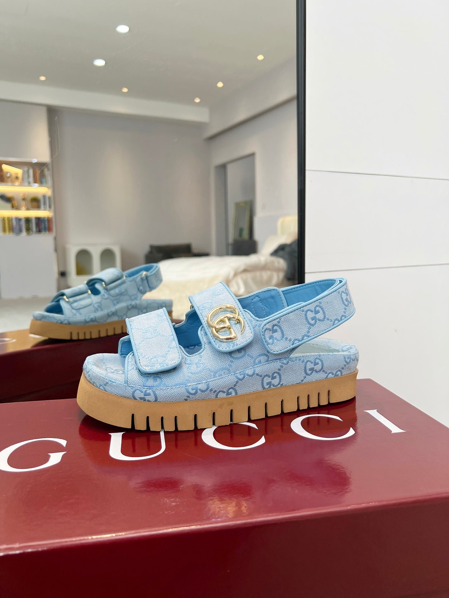 VELCRO STRAP SANDALS IN SKY BLUE MONOGRAM CANVAS GOLD HARDWARE - Image 5