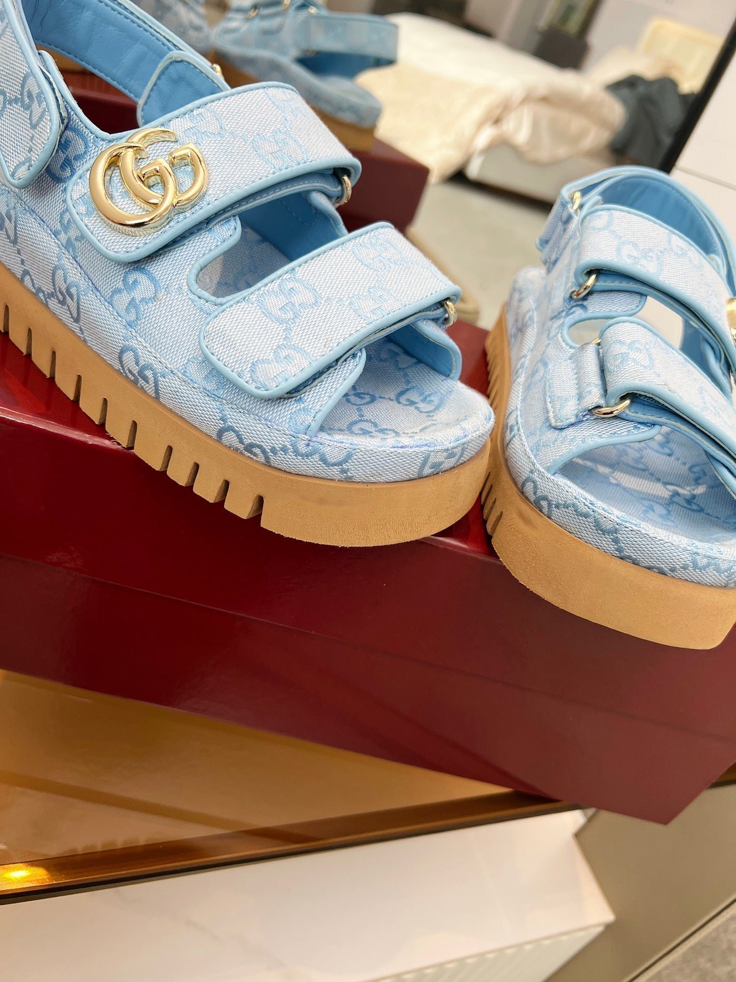 VELCRO STRAP SANDALS IN SKY BLUE MONOGRAM CANVAS GOLD HARDWARE - Image 6