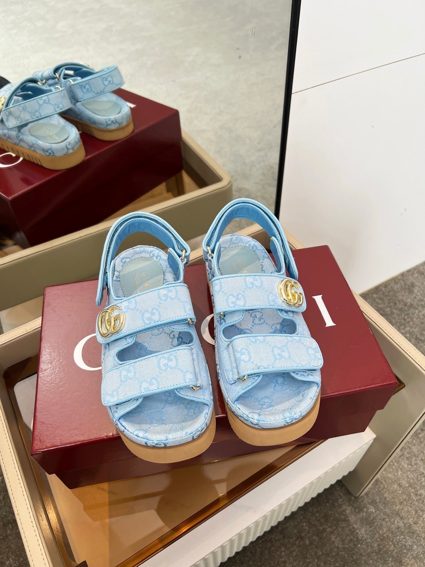 VELCRO STRAP SANDALS IN SKY BLUE MONOGRAM CANVAS GOLD HARDWARE - Image 7