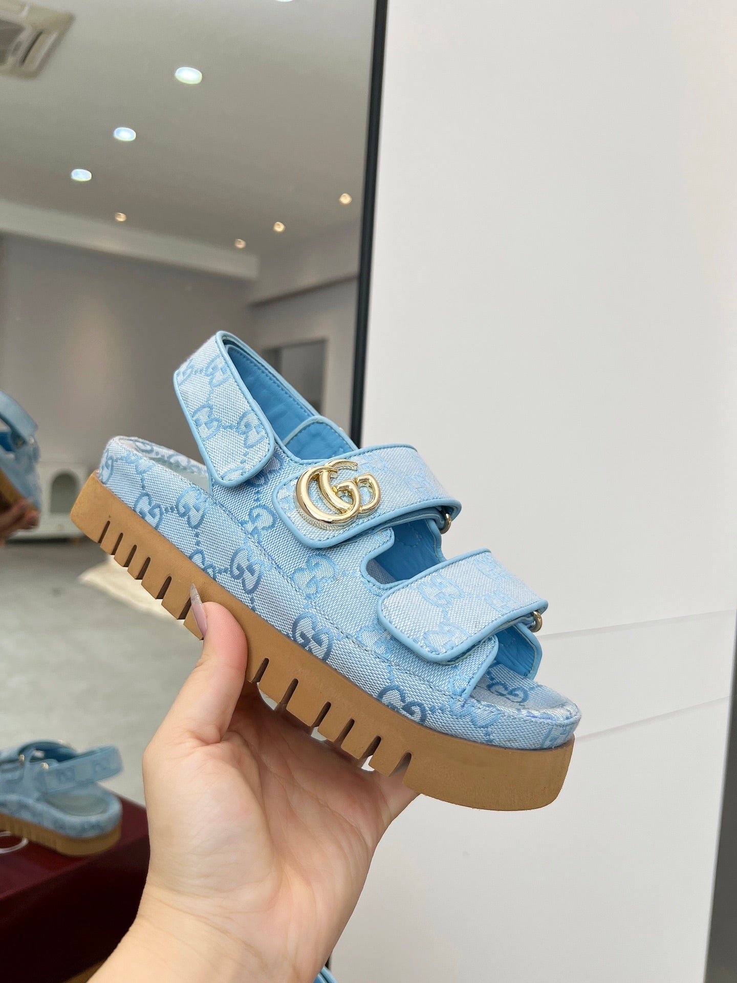 VELCRO STRAP SANDALS IN SKY BLUE MONOGRAM CANVAS GOLD HARDWARE - Image 8