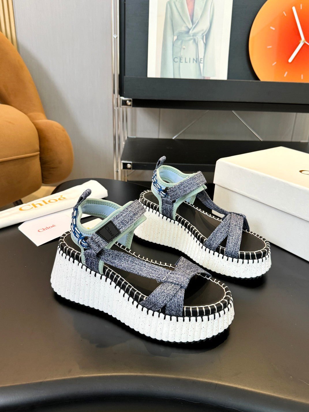 NAMA WEDGE SANDALS IN GREY FABRIC AND WHITE RUBBER - Image 3