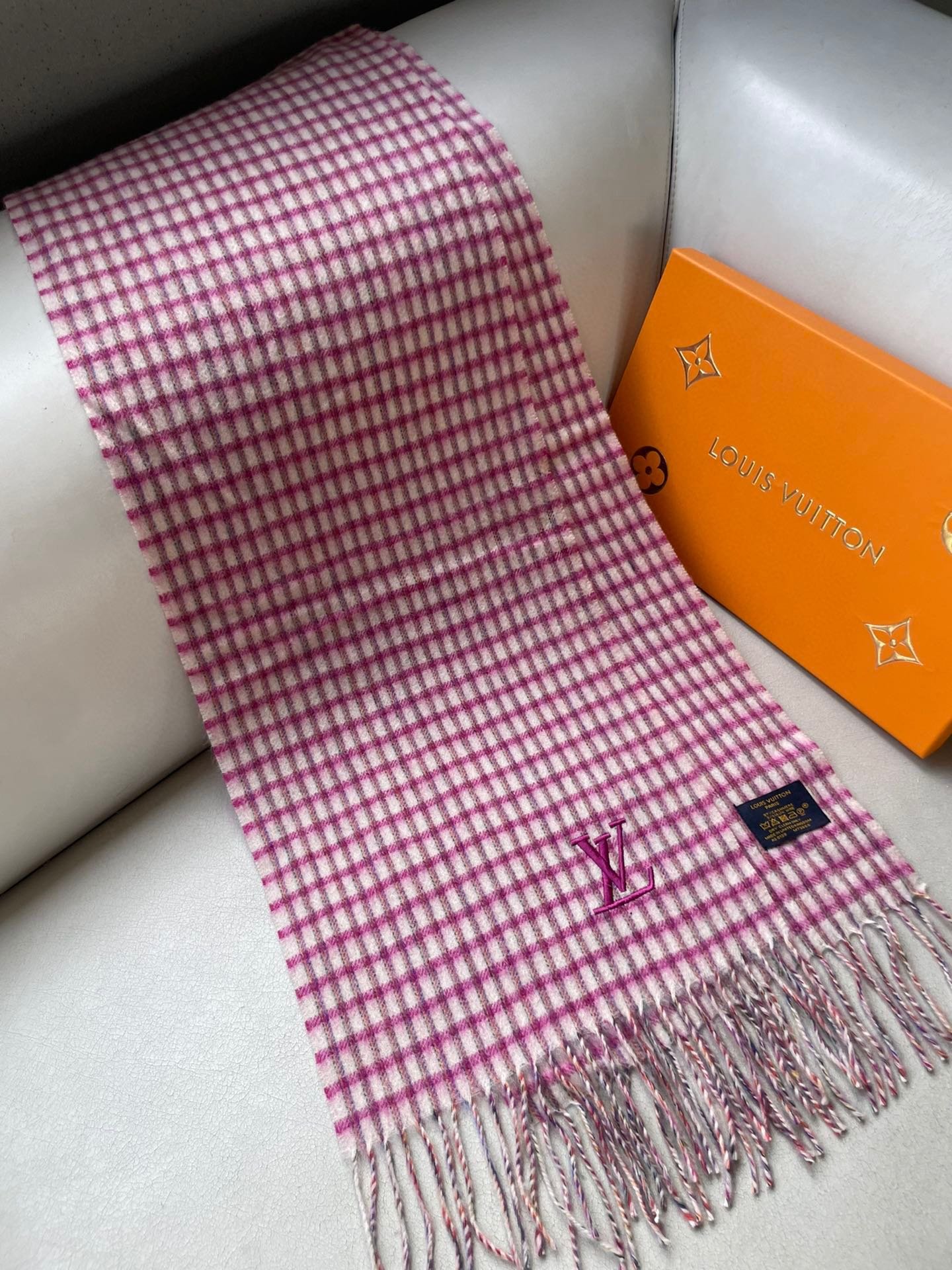 PLAID EMBROIDERY SCARF 180 CM IN BRIGHT PINK CASHMERE 399964 - Image 7