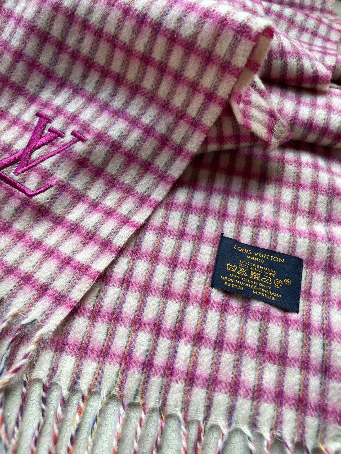 PLAID EMBROIDERY SCARF 180 CM IN BRIGHT PINK CASHMERE 399964 - Image 3